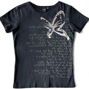 Y2K ESPRIT Womens Black & Silver Sequins Butterfly Fairy Core Goth T-Shirt Small
